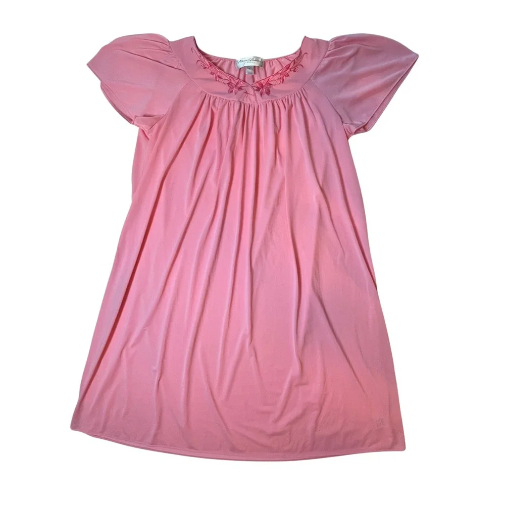 Vintage 80s Miss Elaine Classic‎ Nightgown Sleepwear Pink Nylon Embroidered S - Picture 9 of 11